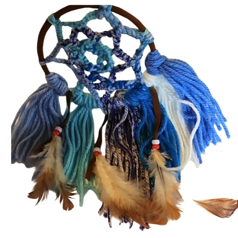 Hand Crafted Dreamcatcher Hand Knit Crochet Brown and Blue Yarn & feathers